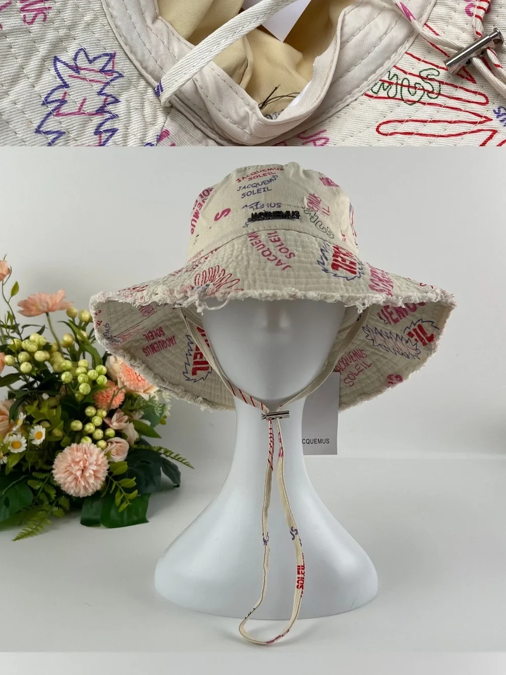 Designer inspired Beige Bucket Hat with Pink & Purple Graphic Print